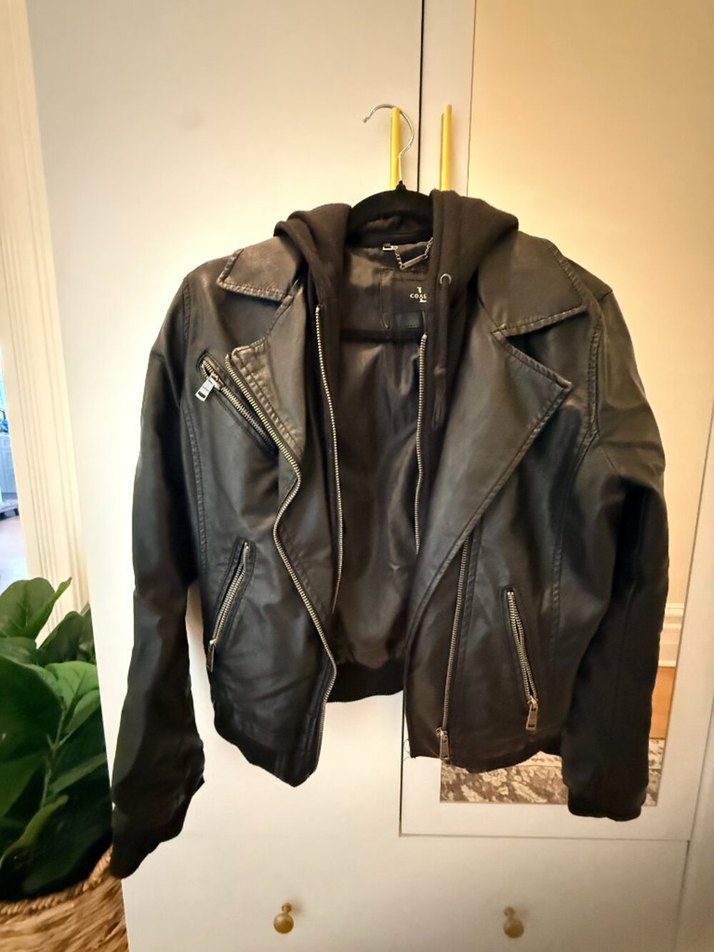 Coalition Black Faux Leather Moto Jacket with Hood